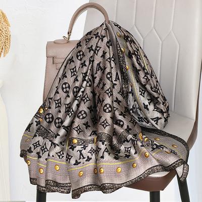 New Imitation Silk Printed Silk Scarf for Women  Versatile Geometric Sun Protection Beach Towel Ethnic Style Decoration Gauze Shawl