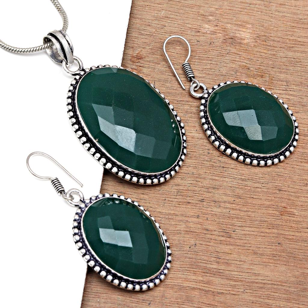 Onyx Green Pendant Set Earrings Jewelry Gemstone Handmade Ethnic