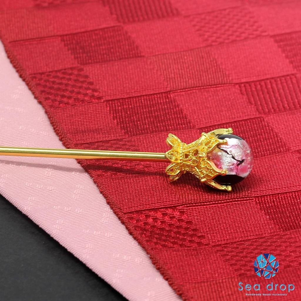 Sea Drop Kanzashi Hairpin, Glow-in-the-Dark Firefly Glass Bead, Pink, 14mm, Luminous Gold, Single Hair Ornament, Japanese Style, for Yukata, Kimono,