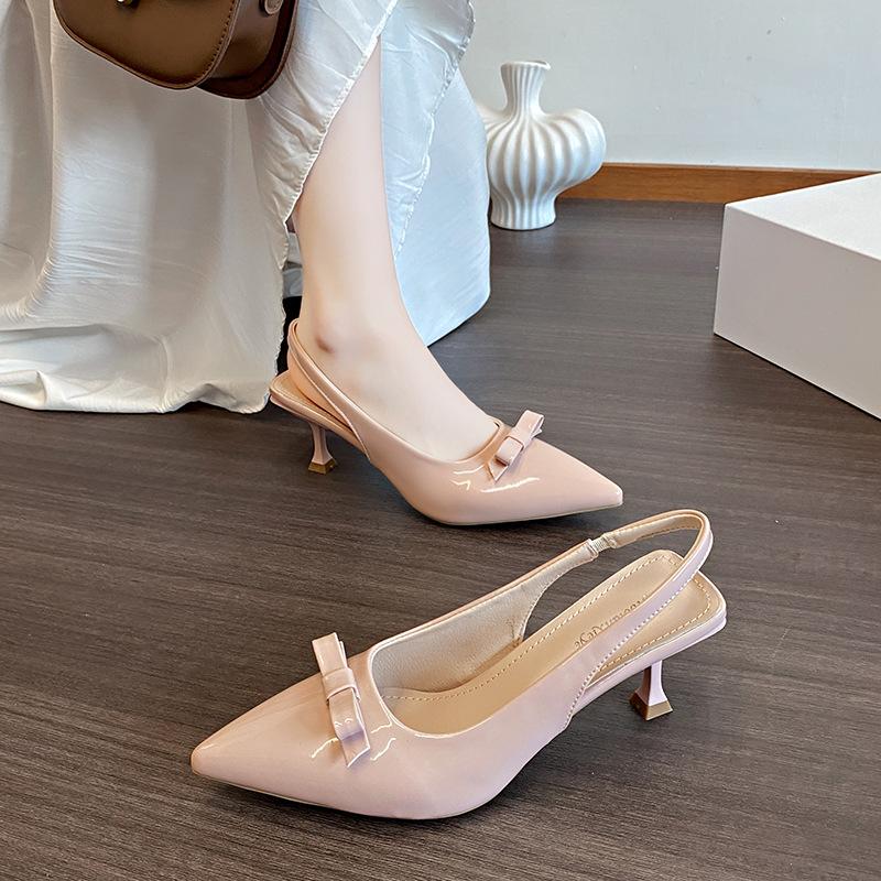 Spring 2025 new fashion temperament pointed head bow high heel sandals women's elastic band bag head empty sandals