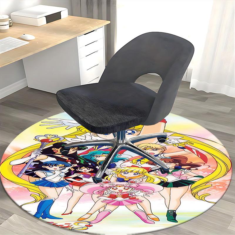 1pc Sailor Moon Anime Cartoon Design Round Carpet Office Chair Mat, NonSlip Rug for Home Decor, Living Room, Bedroom, Game Room