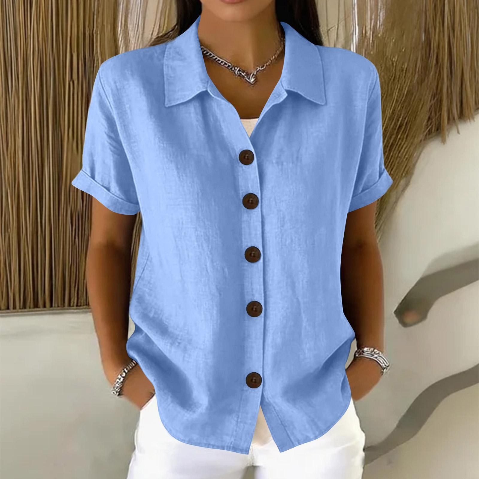 

Women Short Sleeve Button Down Linen Cotton Shirt Casual Loose Fit Collared Blouse Top for Everyday Wear Office Outings L синий
