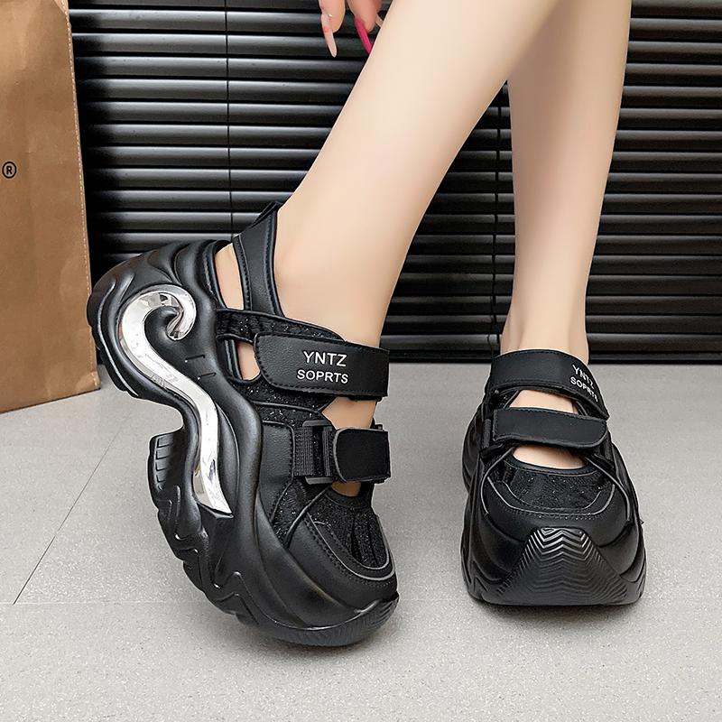 Fashion 8CM Breathable Hollow Leather Women Sandals Vulcanized Mesh Chunky Platform Gladiator Shoes High Heels Casual Summer Sneakers