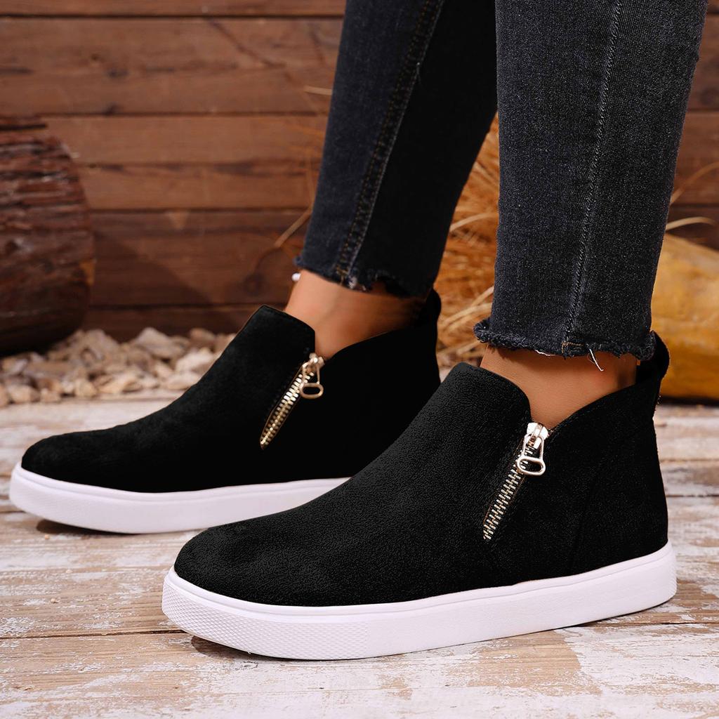 Women's Suede Flat Shoes Fashion Retro Round Toe Short Barrel Casual Side Zipper Thick Bottom Short Studded Boots for Women