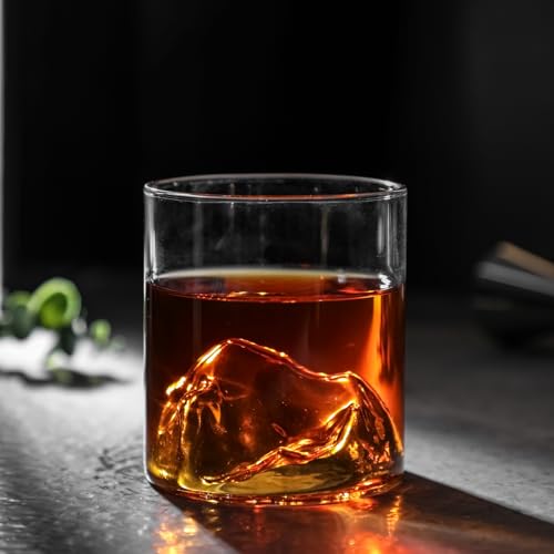 Whiskey glass, rocks glass, sake glass, clear glass tumbler with Kanzan mountain design, wooden box included (approx. 325ml capacity)