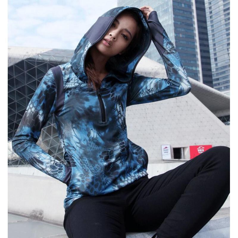 Womens Camo Sun Protection Hooded Long Sleeve T-Shirt Quick Dry Hiking Camping Outdoor Sports Top