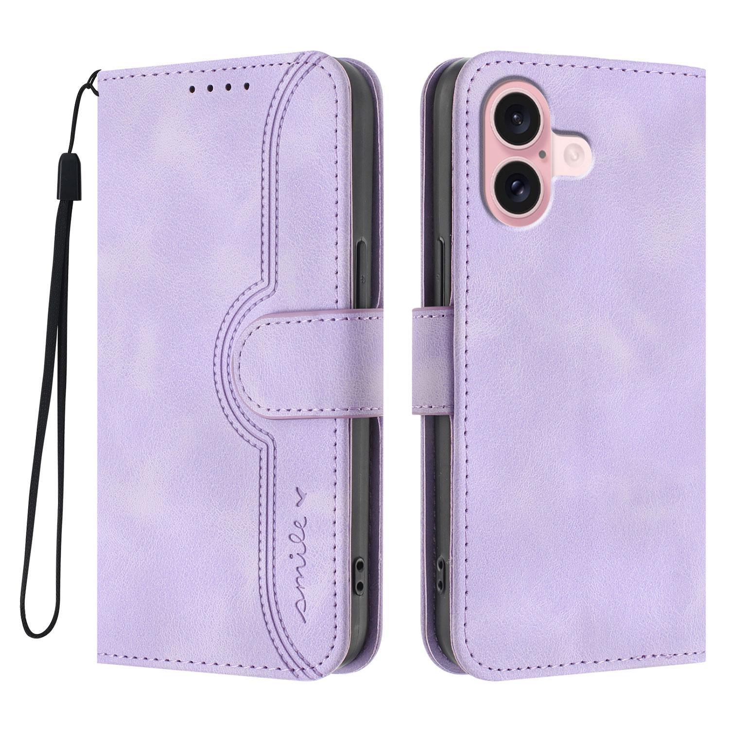 

For iPhone 16 Leather Case Wallet Stand Smile Imprinted Phone Cover with Strap Purple