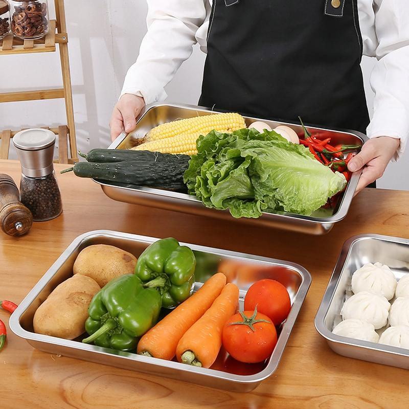 1PCS Deep Service Storage Tray Pan Stainless Steel BBQ Plates For Food Container Steamed Dishes Kitchen Pastry Baking Tools