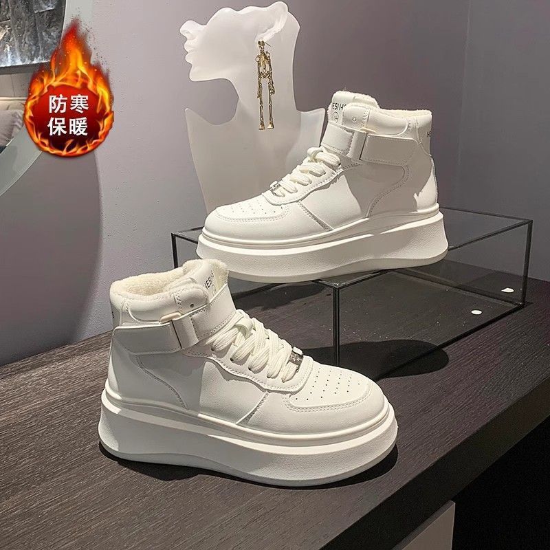 White high-top velvet women s shoes winter shoes middle school students warm leather two cotton shoes women s thick-soled non-slip couple size 35