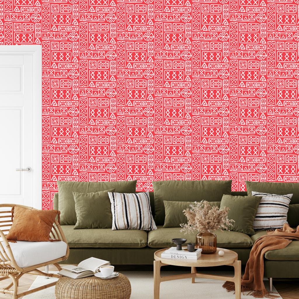Polynesian Geometric Pattern Wallpaper Coral and Red 50x1000