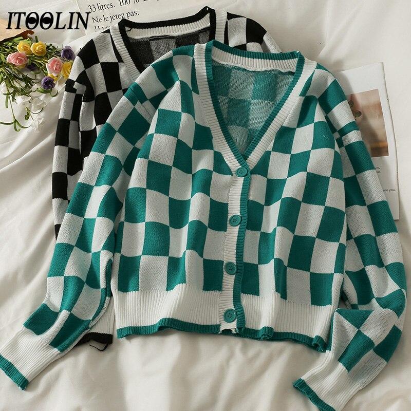 

ITOOLIN Женские шикарные клетчатые свитера кардиган Осенние свитера-кардиганы с длинными рукавами Пальто Повседневный Свободный Для Женщин Кардиган Топы