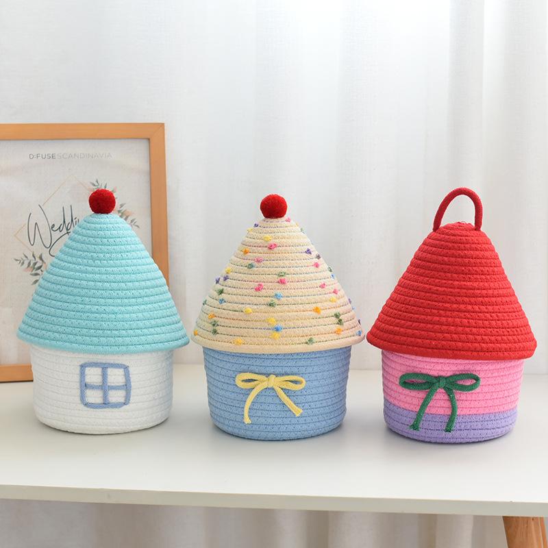 House Shape Cotton Rope Woven Storage Basket with Lid Large Capacity  Cute Bedroom Storage Basket Dustproof Cosmetics Storage
