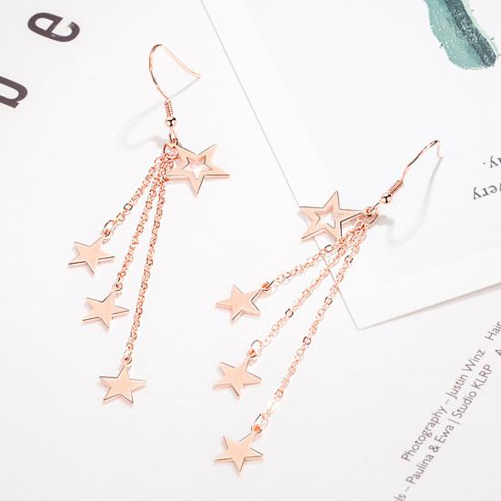 Woman Glittering Star Mid-length Hook Alloy Long Tassels Drop Dangle Cocktail Party Linear Earrings