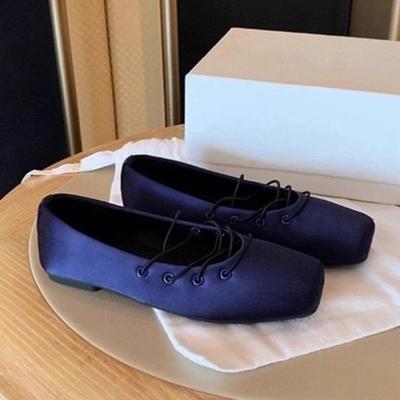 Fashion Square Toe Satin Silk Ballet Shoes Woman Sexy Cross Tied Narrow Elastic Band Ballerina Flat Ladies Soft Shallow Loafers Navy Red