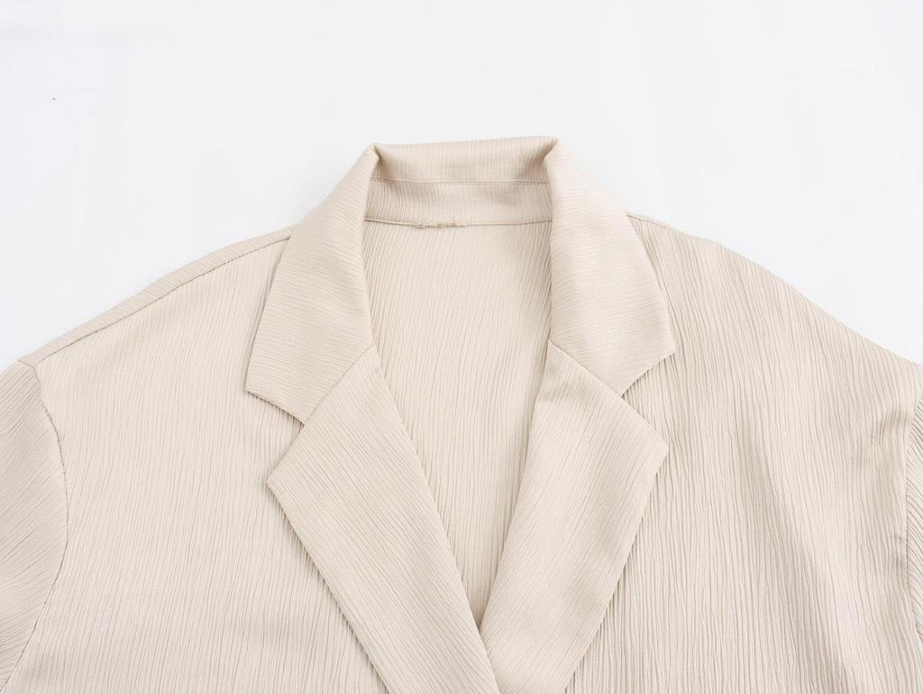 Women's Casual Crinkle Double-Breasted Blazer + High-Waisted Long Pants