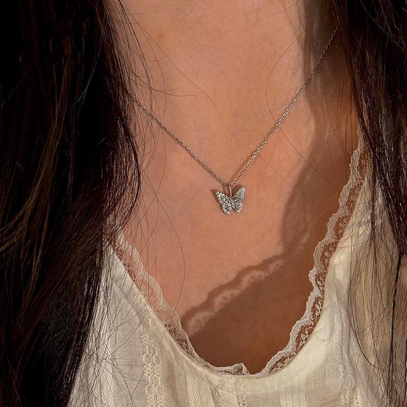 Sterling Silver Zircon Crystal Butterfly Pendant Necklace for Women Choker Chain Wedding Party Jewelry Gift