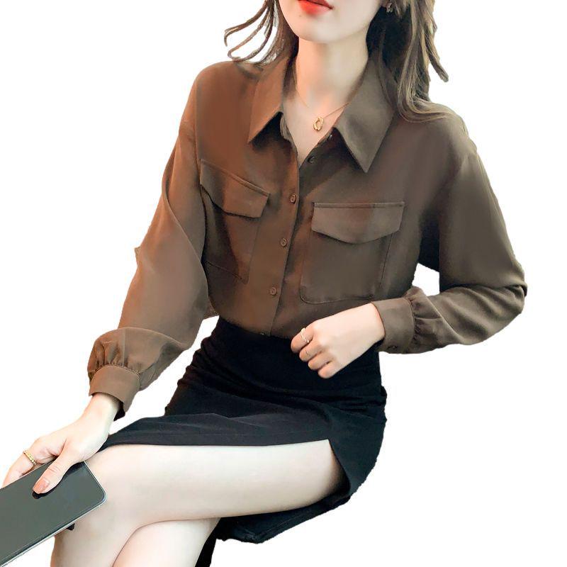 2024 Autumn Ladies' Coffee Color Polo Collar Long Sleeve Shirt