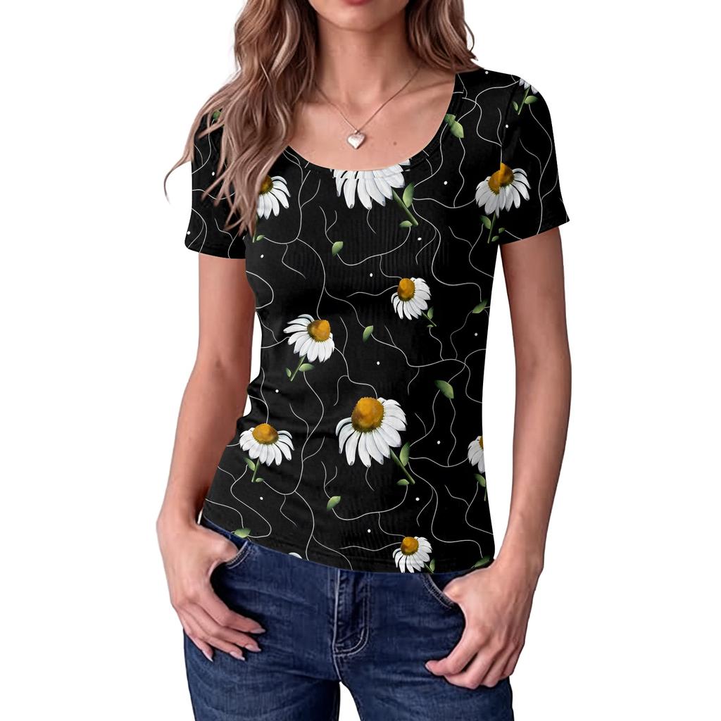 Women Slim Fit Square Neck Short Sleeve Top Vintage Floral Print Stretchy Ribbed Fabric Casual Summer Shirt