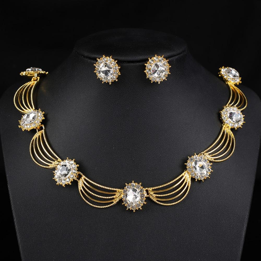 Gold-Tone Gemstone Necklace Set Geometric Statement Jewelry Set Earring Matching Set  Women