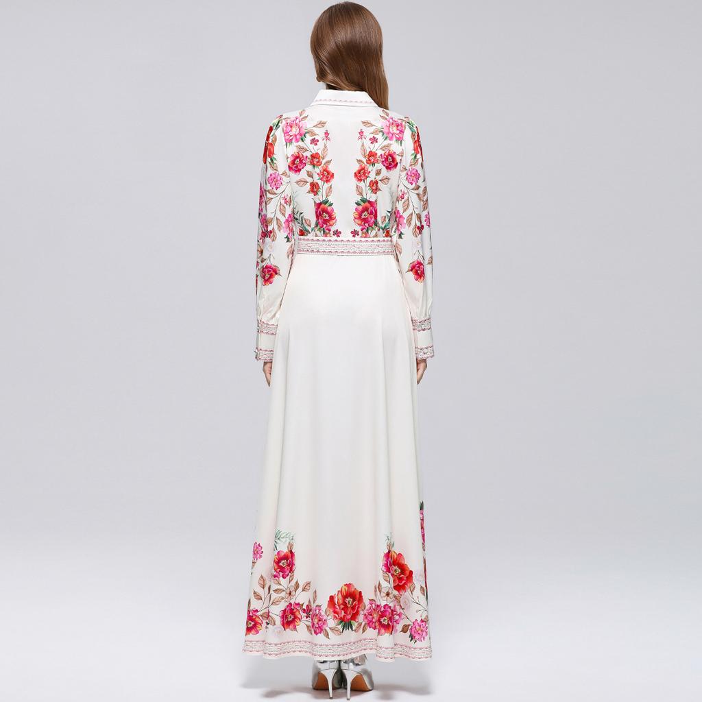 Spring Autumn French Holiday Style Long Sleeve Dress Shirt Women's Turn Down Neck Floral Print Single Breasted Belt Maxi Dress