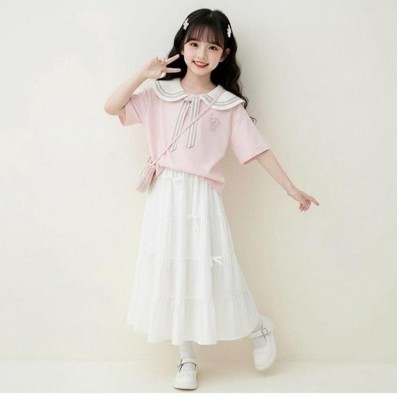 

Girls Sweet School-style Set - Spring/Autumn Children s Fashion Short-Sleeved Top and Half-Dress Set 130