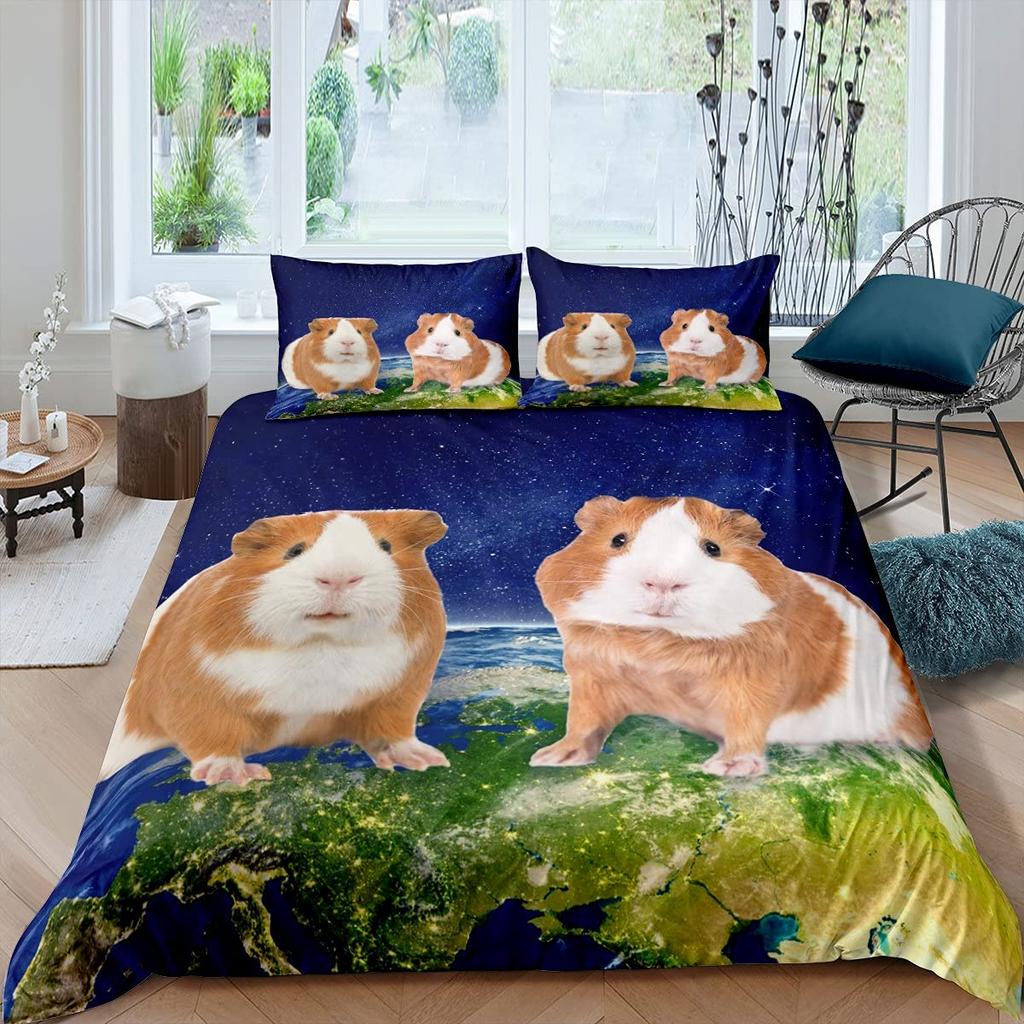 Guinea Pig King Queen Bedding Set Lovely Cartoon Mouse Duvet Cover Flower Plant Animal Comforter Cover Polyester Quilt Cover