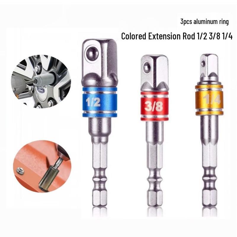 Hex Handle to Square Head Socket Extension Rod (1/4, 3/8, 1/2) - Air/Electric Screwdriver Connection Conversion Rod