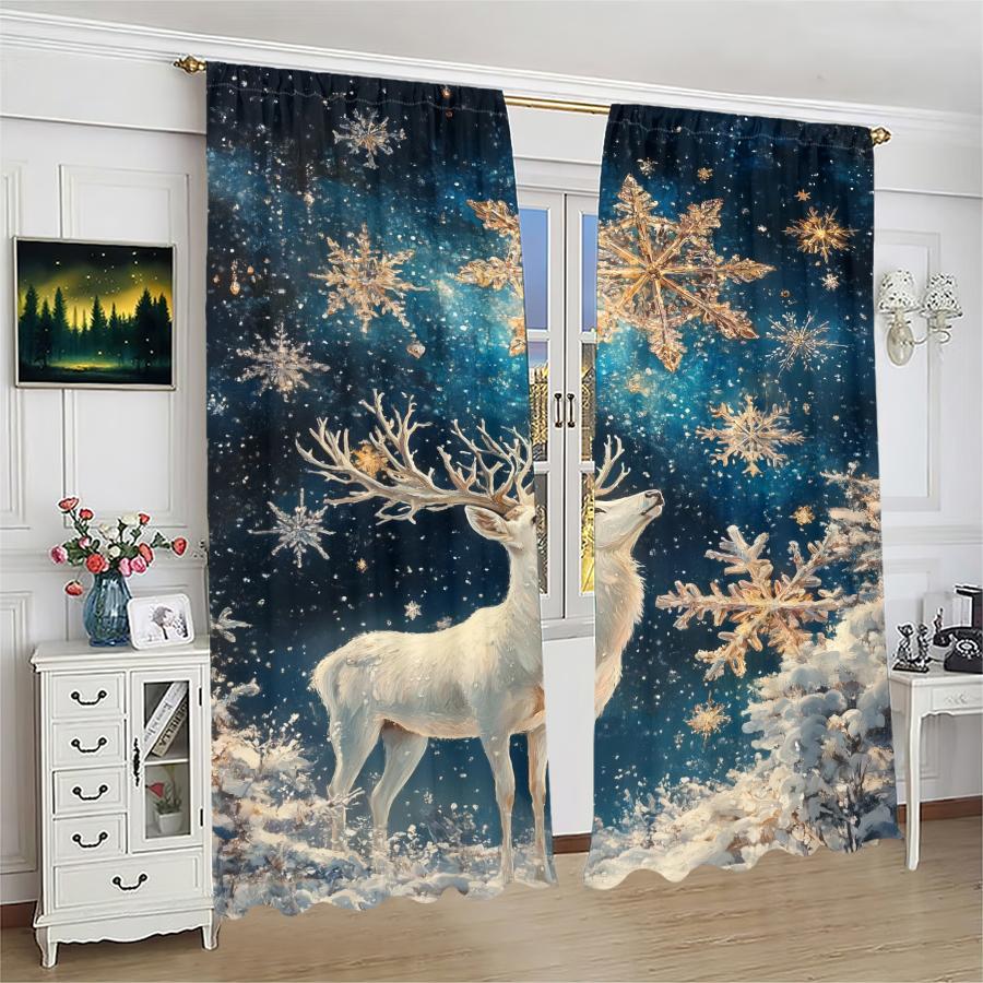 Christmas Snowflake Elk Print Curtains Decorations Home Room Curtain Set Of 2 Made Polyester Washable