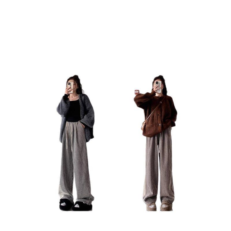 Retro Petite Striped Wide-Leg Drawstring Pants - 145cm Knit Women's Casual Autumn/Winter