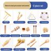 Orff Percussion Set: Claves, Castanets, Sand Shakers, Egg Shakers, Wrist Bells, Tambourine, Triangle, and Wood Block.