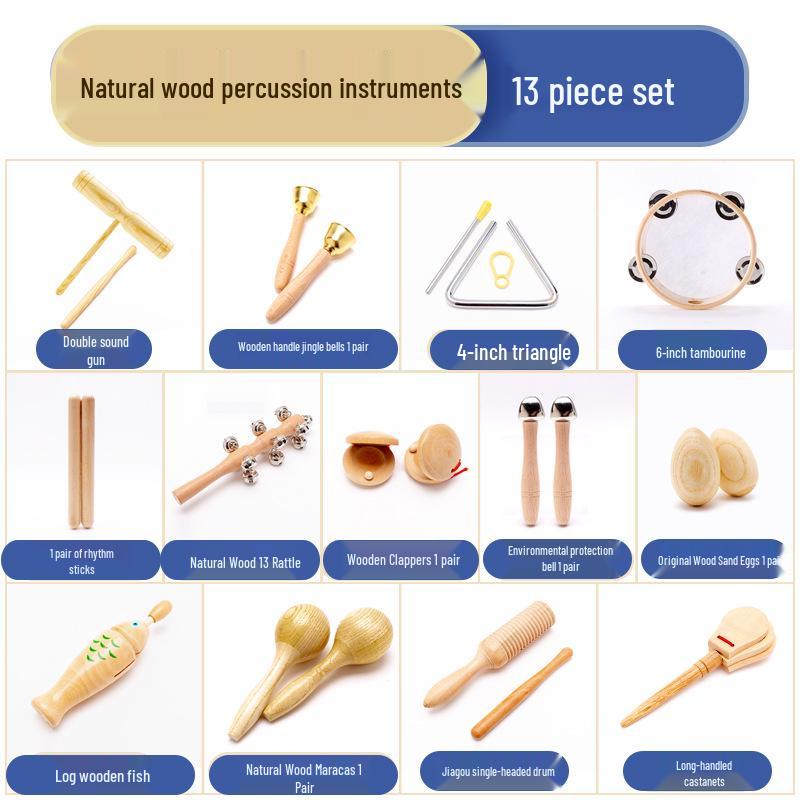 Orff Percussion Set: Claves, Castanets, Sand Shakers, Egg Shakers, Wrist Bells, Tambourine, Triangle, and Wood Block.