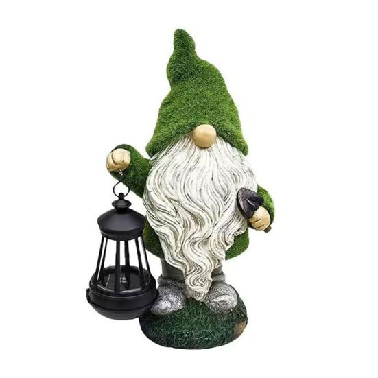 Garden Gnome Solar Light Dwarf Statue Holding Solar Lantern Flocked