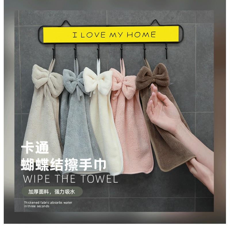 Coral Fleece Hand Towel With Bow Decor Hanging Kitchen Home Use Soft Absorbent