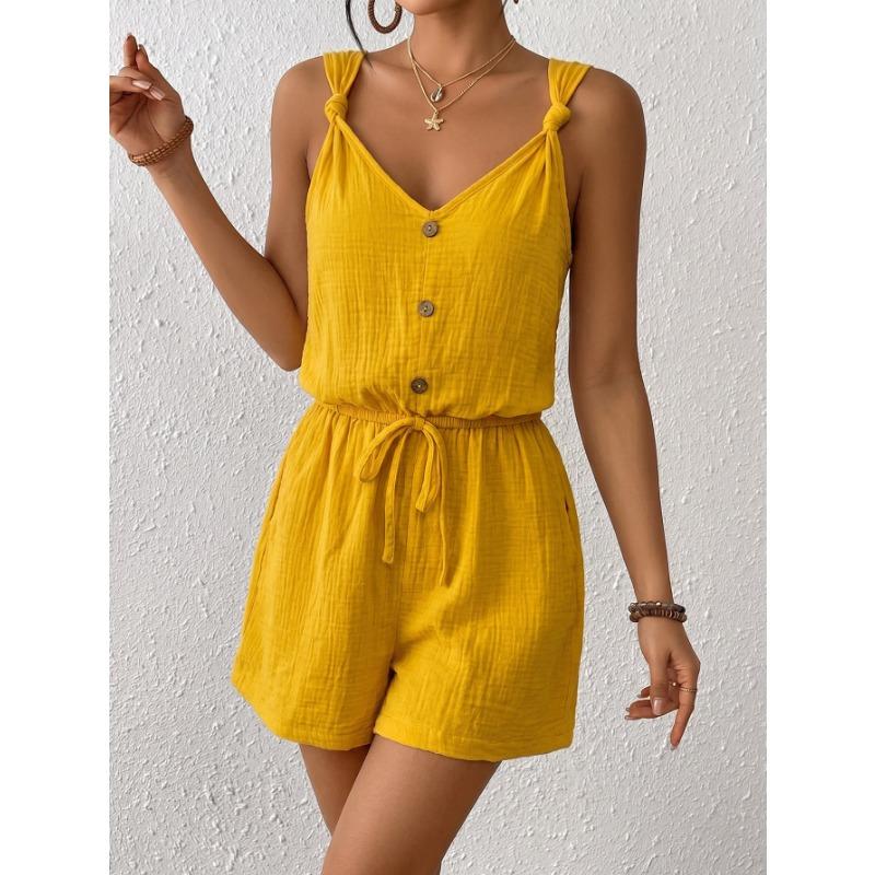 Damen Unifarben Strukturiert Verdrehte Träger Lässig Urlaub Kordelzug Ärmellos Jumpsuit Shorts