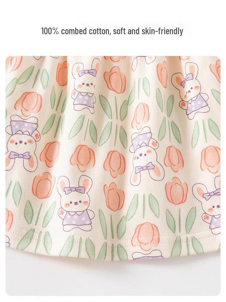 Girls' Floral Print Cotton Two-Piece Set - Long Sleeve Top & Pants for Spring/Autumn