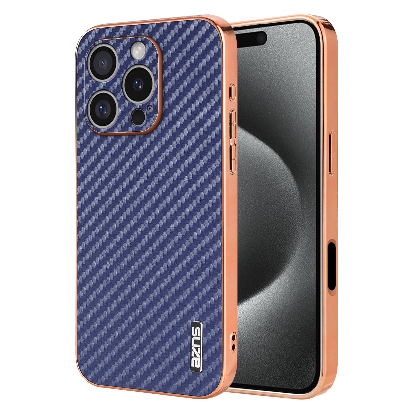 

AZNS For iPhone 16 Pro Max Case Electroplating Carbon Fiber Texture PU+TPU Phone Cover Blue