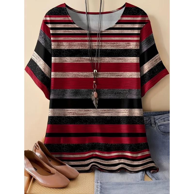Fashion Women's Crew Neck Short Sleeve 3D Color Printing Striped Short Sleeve Crew Neck T-Shirt