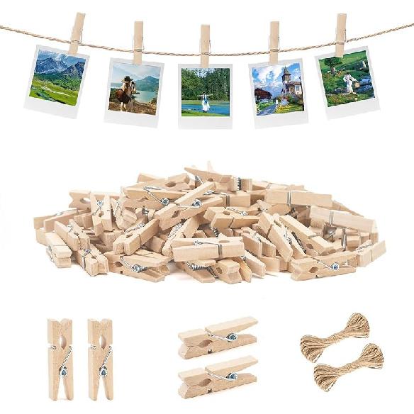 jijAcraft Mini Clothesp with String - 100Pcs Small Wooden Clothes P, Natural Brown Photo Hanging Clips, Craft Clips for Picture, Cocktails Decor,