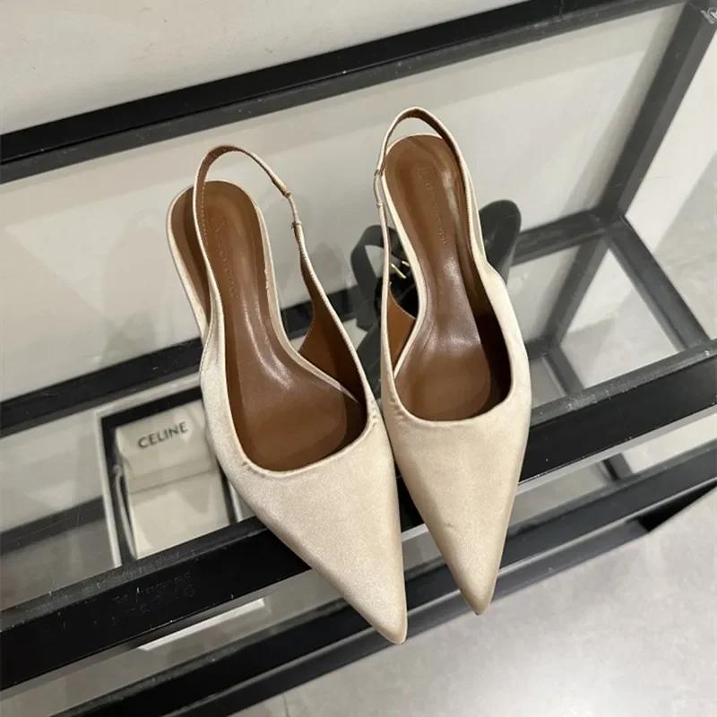 Fashion Elegant Low Heel Satin Women Pumps Sexy Pointed Toe Slingbacks Thin High Heels Comfort Mules Sandals Dress Shoes Heeled Sandals