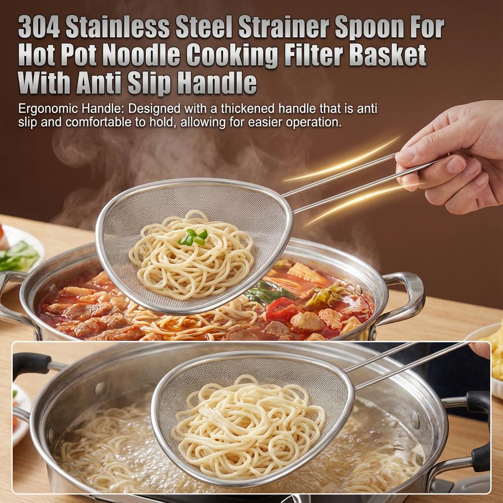 304 Stainless Steel Strainer Spoon For Hot Pot Noodles Cooking Filter Basket With Anti Slip Handle