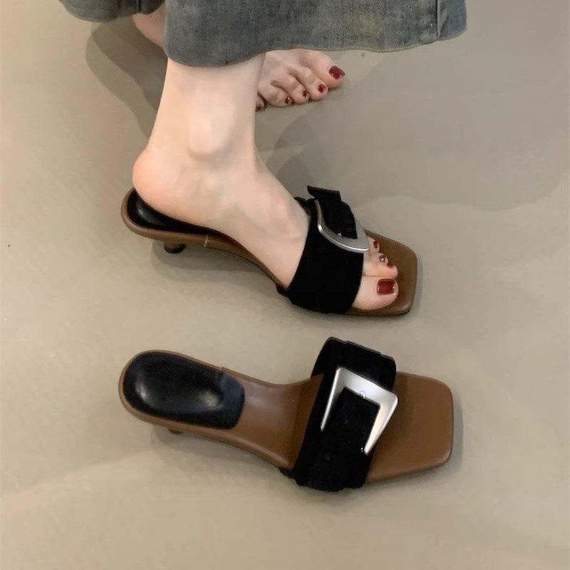 Niche high heels temperament elegant nude belt buckle open toe word with stiletto sandals