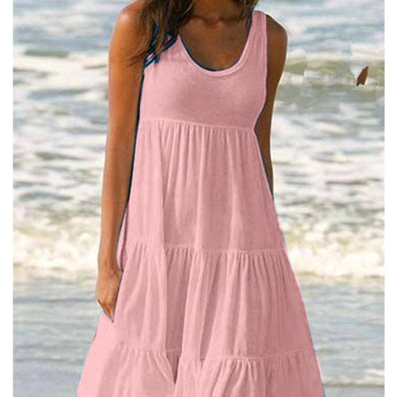 Vestidos de Verano Tallas Grandes Ropa de Moda Vestido Casual sin Mangas para Mujer Vestidos Holgados Color Sólido Vestido Línea A Algodón Cuello Redondo Hombros Descubiertos Halter
