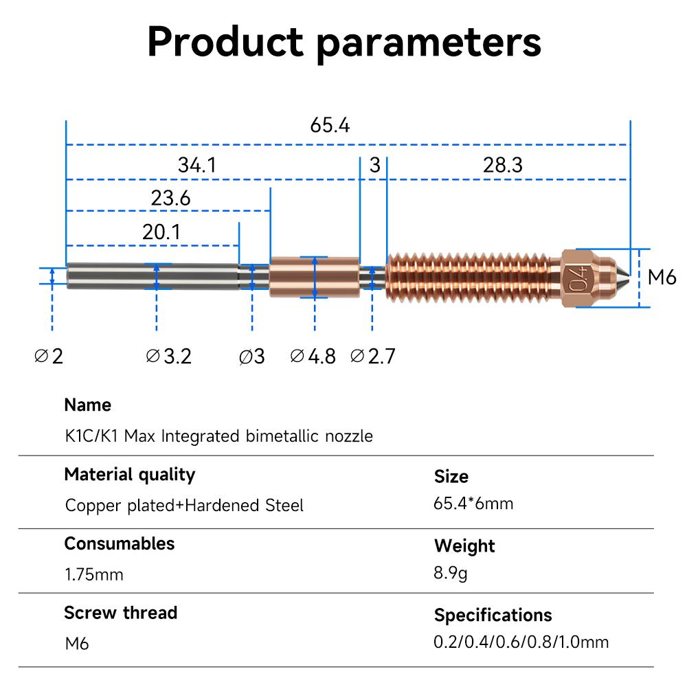3D Printer Accessory 1.0mm CZ Copper Hardened Steel Coating Nozzle Compatible with Creality K1C K1