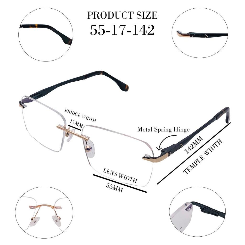 RSINC Randlose Fassung/Brille/Sehbrille Metall, Für Männer und Frauen, Tom Gold Schwarz 241004 55-17-142 (IB-12) N2 Tom Harry Gold Schwarz | IB 12