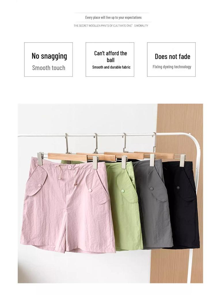 Women's Pink Quick-Dry High Waist Cargo Shorts - Loose, Lightweight, Wide-Leg Summer Sports Pants.