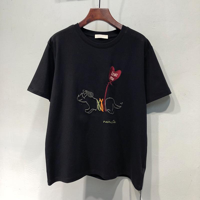 Plus Size Embroidered Puppy Cotton Short Sleeve T-Shirt for Women - Summer 2025 Loose Fit