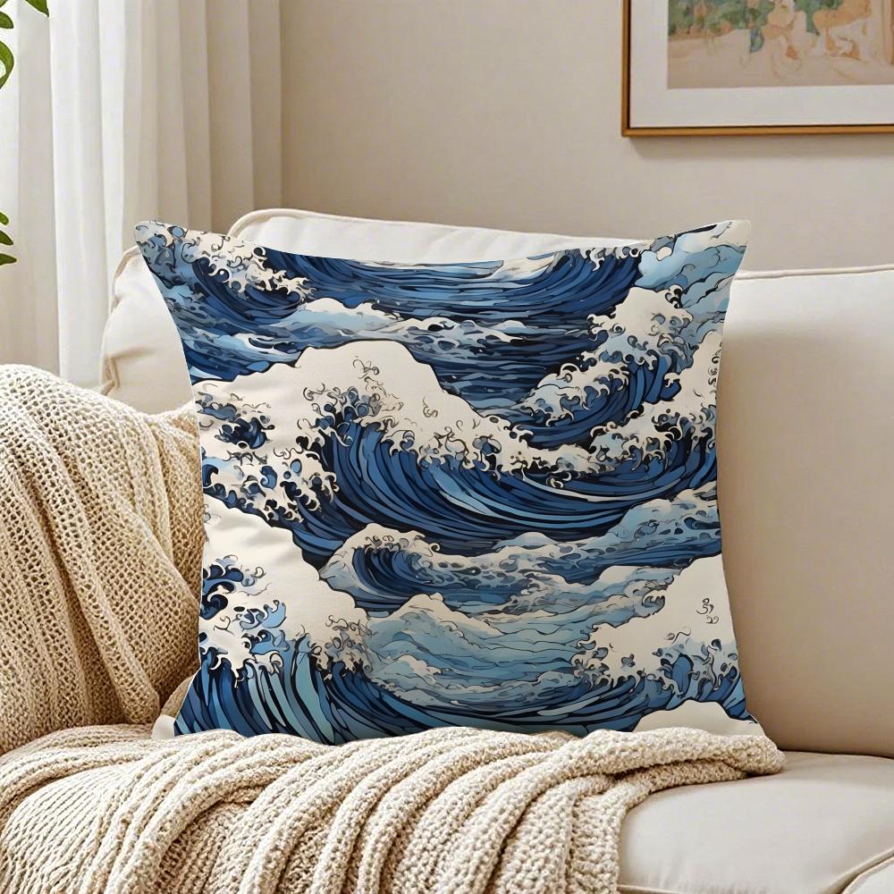 Beautiful Art Japanese Waves Anime Cushion Cover Linen Pillowcase Soft  for Sofa Bed Home Room Decor