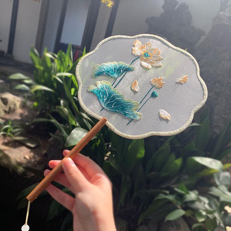 Lingjuan Palace Double-Sided Embroidered Lotus Fan: Beechwood Handle, Classical Chinese Dance Fan