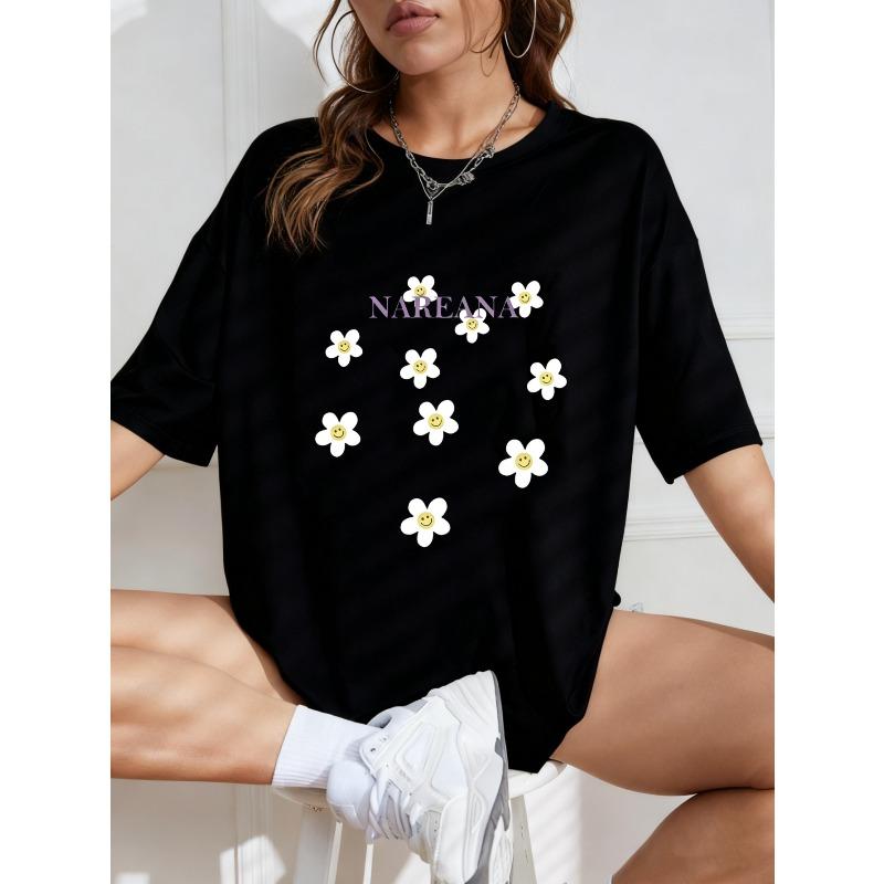 White Oversized T Shirt With Daisy Flowers And Nareana Text For Casual Wear