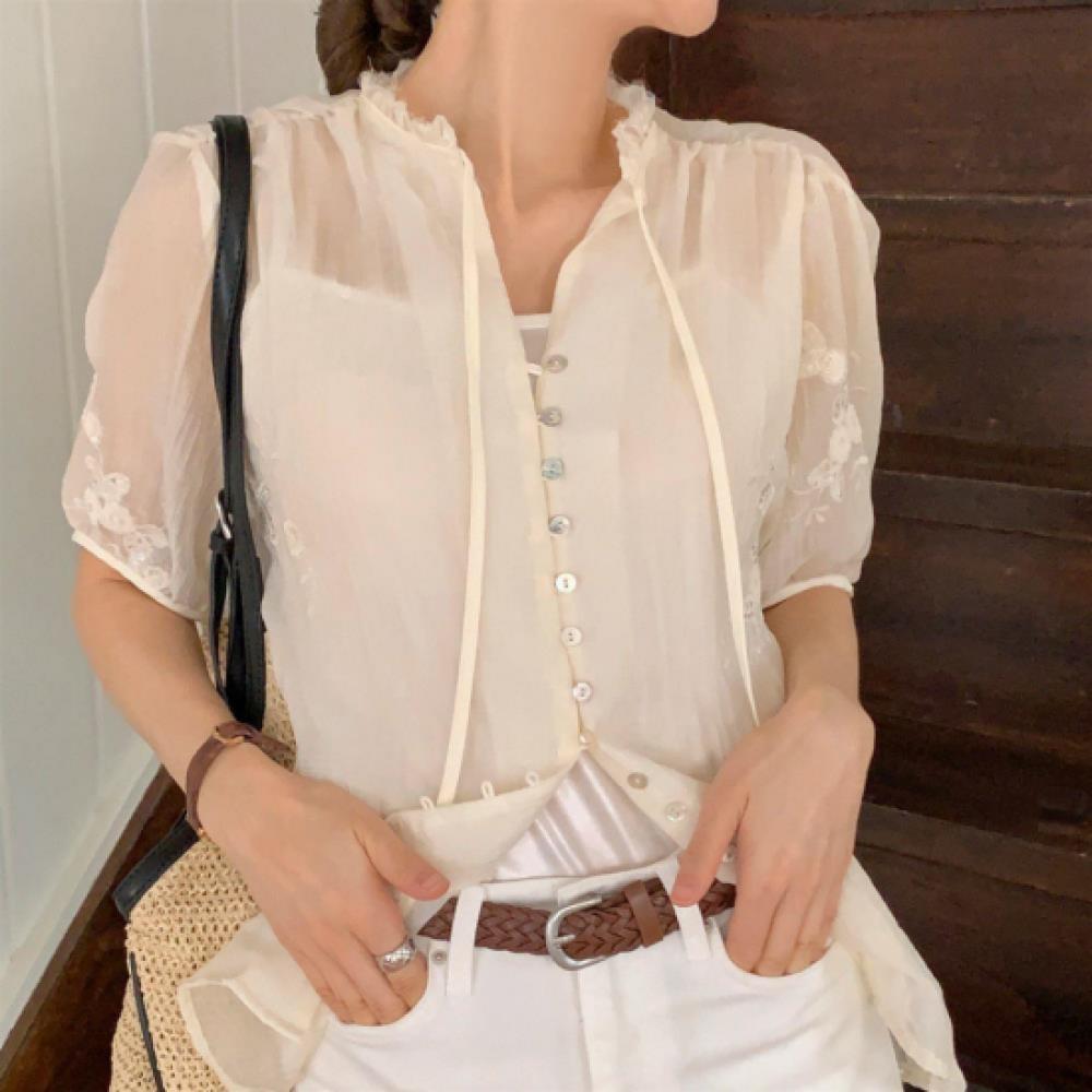 New Arrivals Open Run Women Sequin Floral Sheer Ribbon Embroidered Blouse